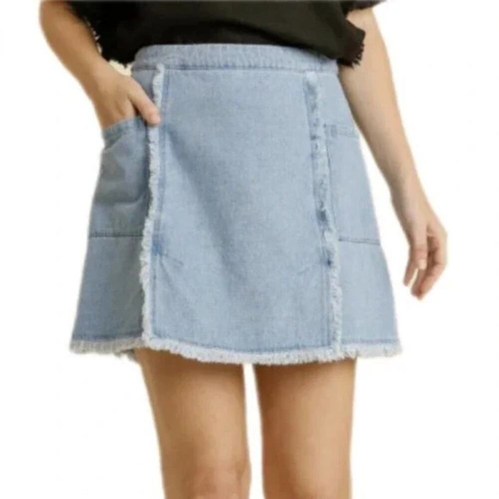 UMGEE Frayed Denim Patchwork Mini Skirt Raw Hem Boho Utility Pockets Size M - Picture 9 of 9